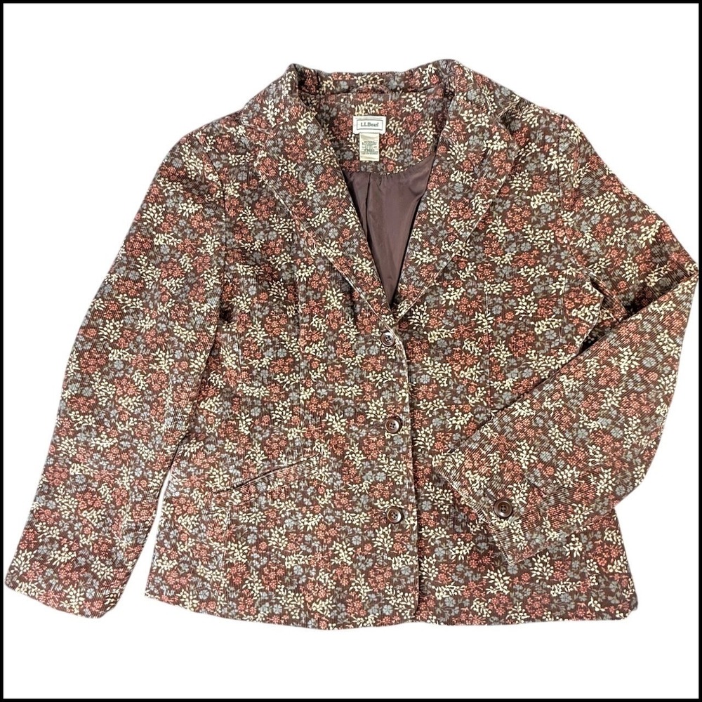 LL Bean Floral Corduroy Blazer Womens 12 Petite Brown Jacket 0BDG3 Dark Academia